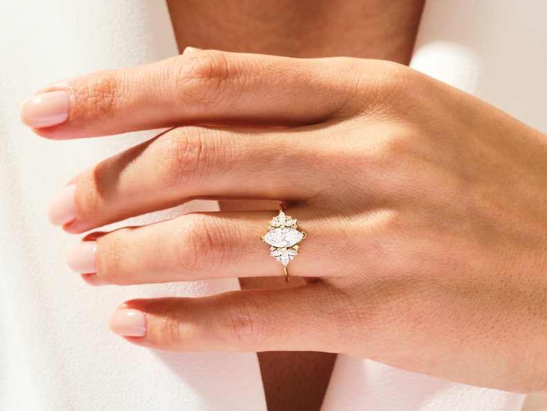 Stunning 1.0-1.50 CT Marquise Moissanite Engagement Ring with Cluster Design 7