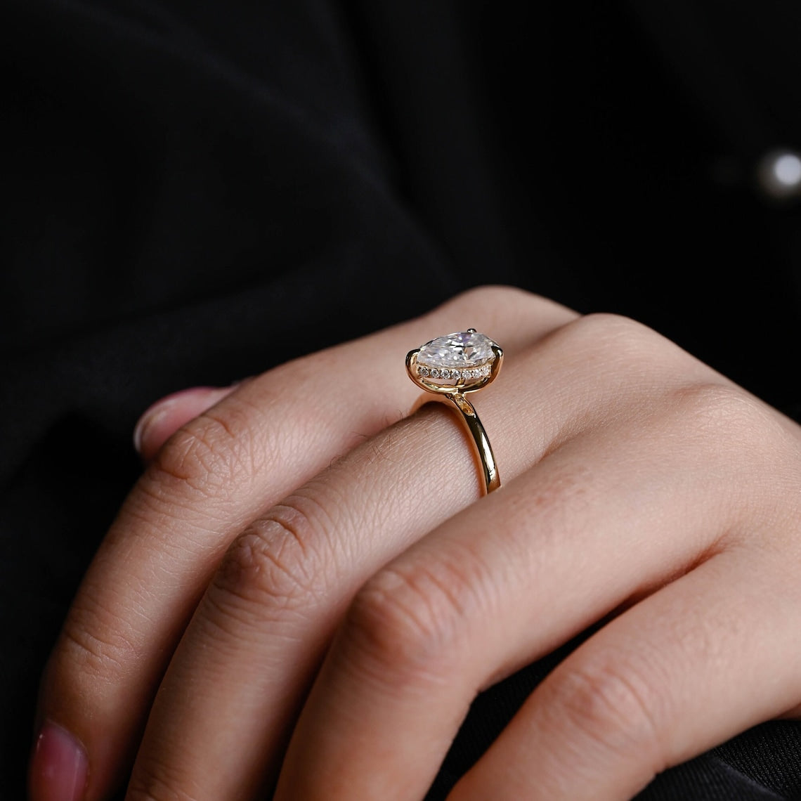 Stunning 3.0 CT Pear Moissanite Engagement Ring with Hidden Halo Design 8
