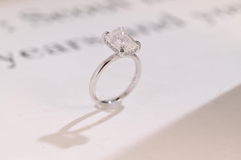 Stunning 1.0 - 2.0 CT Emerald Moissanite Engagement Ring with Hidden Halo Design 7