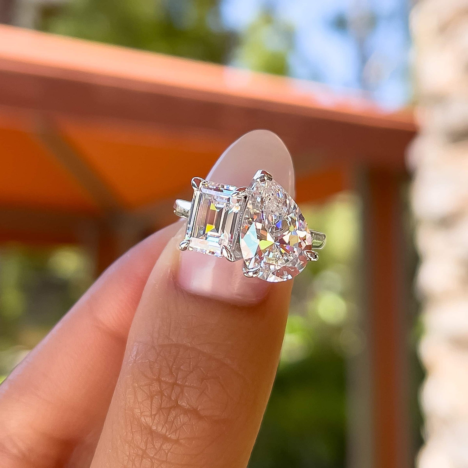 Stunning 1.75 & 4 CT Emerald & Pear Moissanite Engagement Ring with Two stones  Design 4