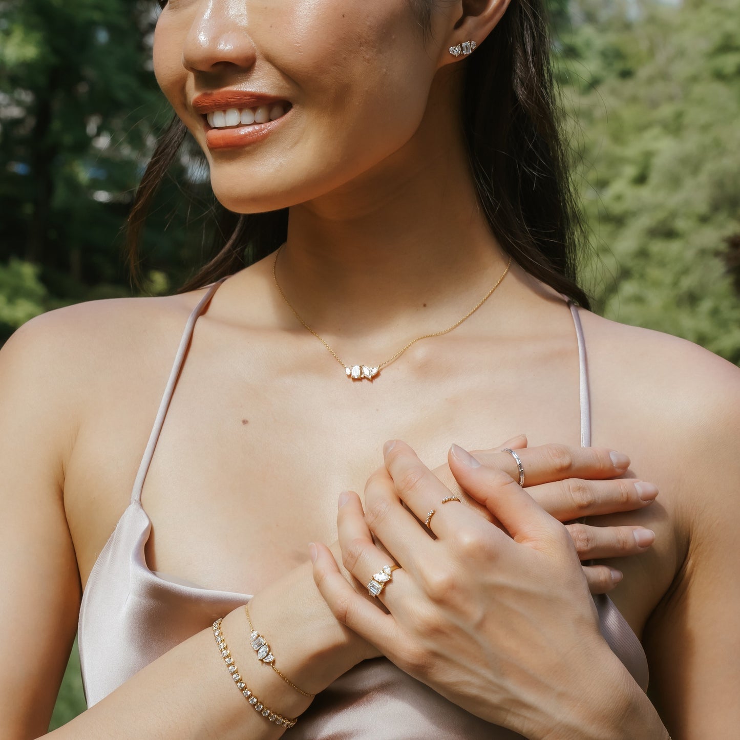 3.0 TCW Round, Pear, Marquise & Emerald Moissanite Diamond Cluster Pendant Necklace in Solid Gold 4