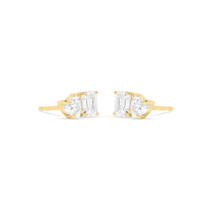 3.0 TCW Heart & Emerald Cut Moissanite Two Stone Stud Earrings in Gold