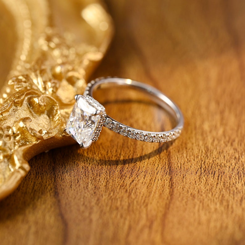 Stunning 3.0 CT Radiant Moissanite Engagement Ring with Pave &  Hidden Halo Design 6