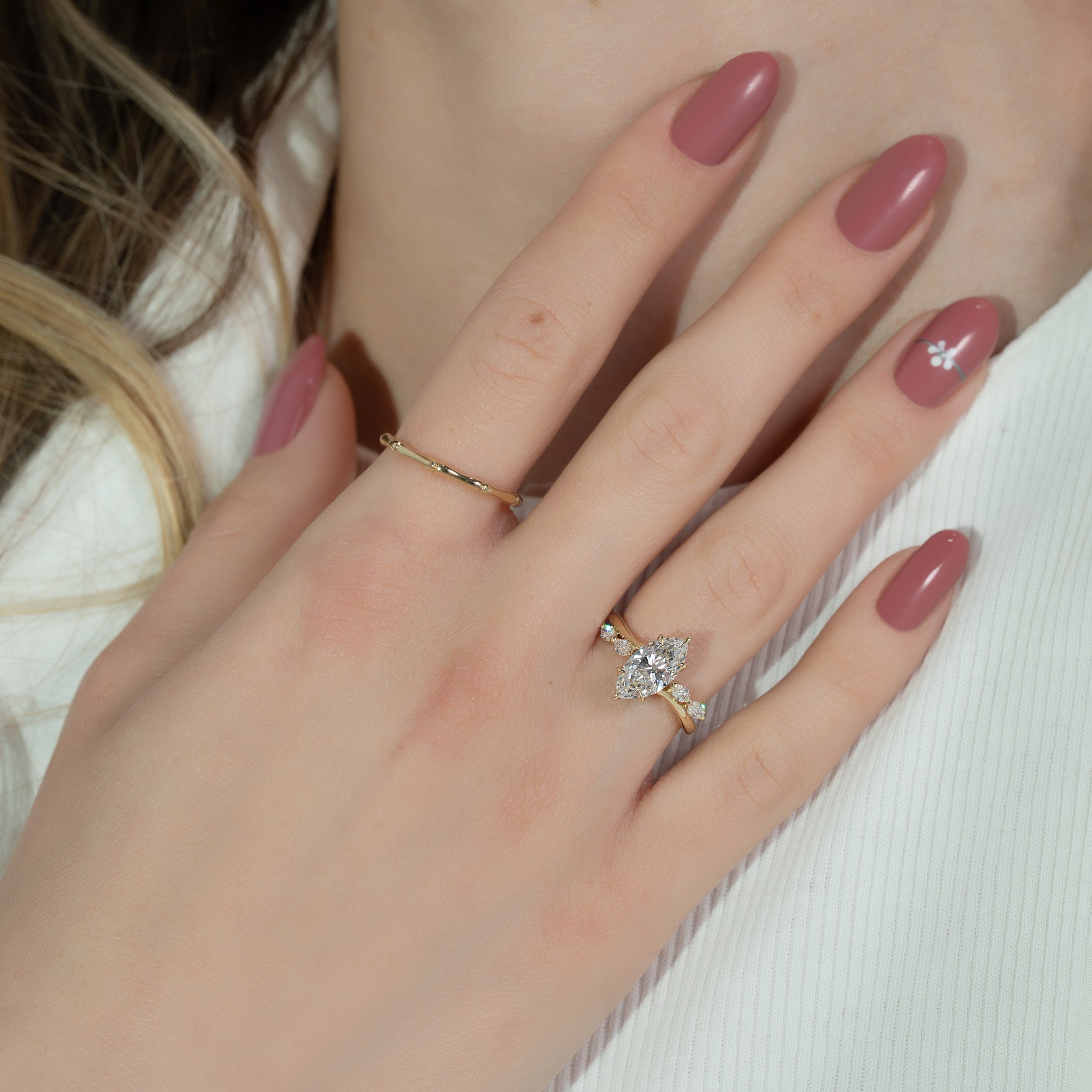 Marquise Cut 2 Carat Moissanite Ring – Floral Setting in Solid Gold 2