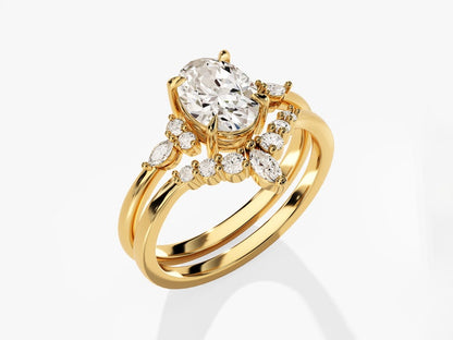 1.50 CT Oval Cut Moissanite Cluster Bridal Ring Set with Round Curved Wedding Bands 2
