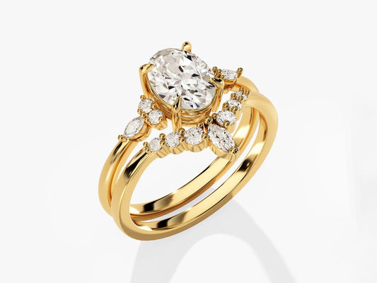 1.50 CT Oval Cut Moissanite Cluster Bridal Ring Set with Round Curved Wedding Bands 2