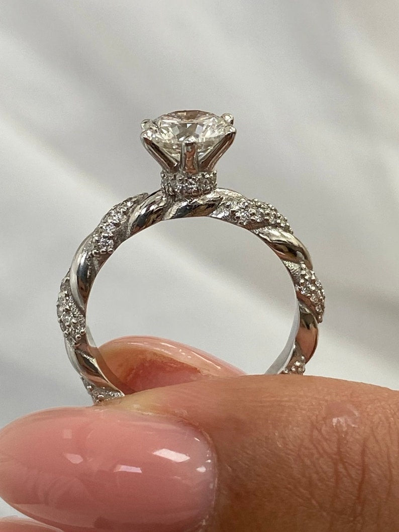 Classic 1.0 CT Round Moissanite Engagement Ring with Twist Pave Design 4