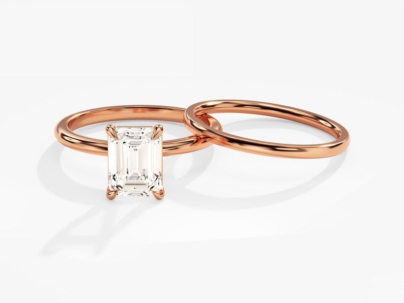 1.50 CT Emerald Cut Moissanite Solitaire Bridal Ring Set with Plain Wedding Bands 3