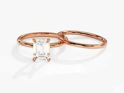 1.50 CT Emerald Cut Moissanite Solitaire Bridal Ring Set with Plain Wedding Bands 3