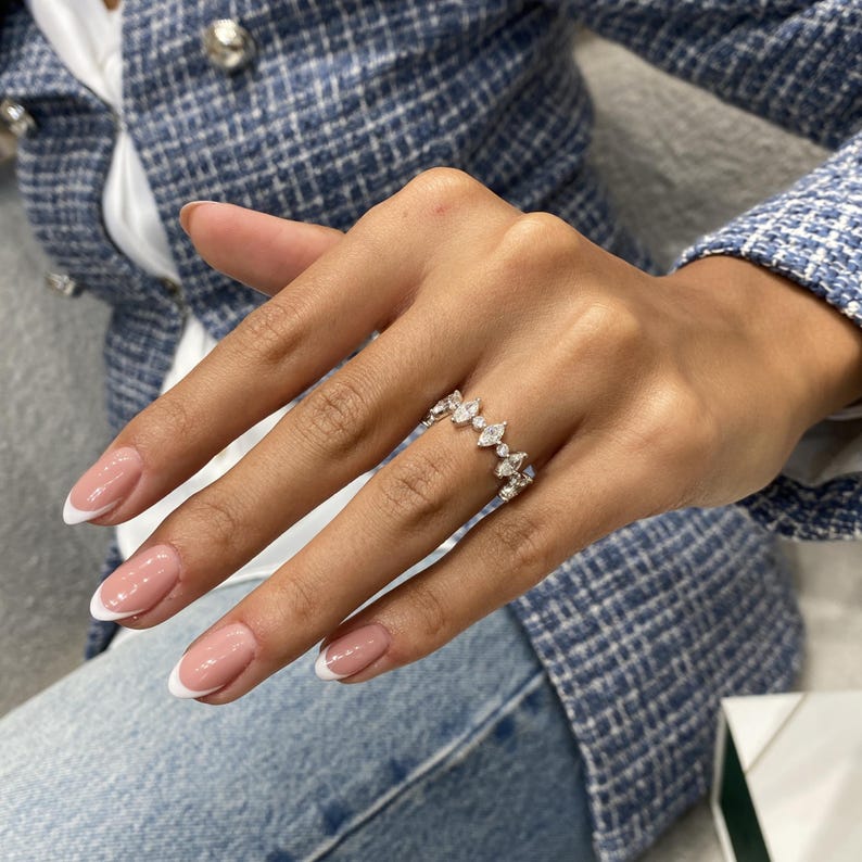 Stunning 1.23 CT Round & Marquise Moissanite Stones Half Eternity Wedding Bands 8