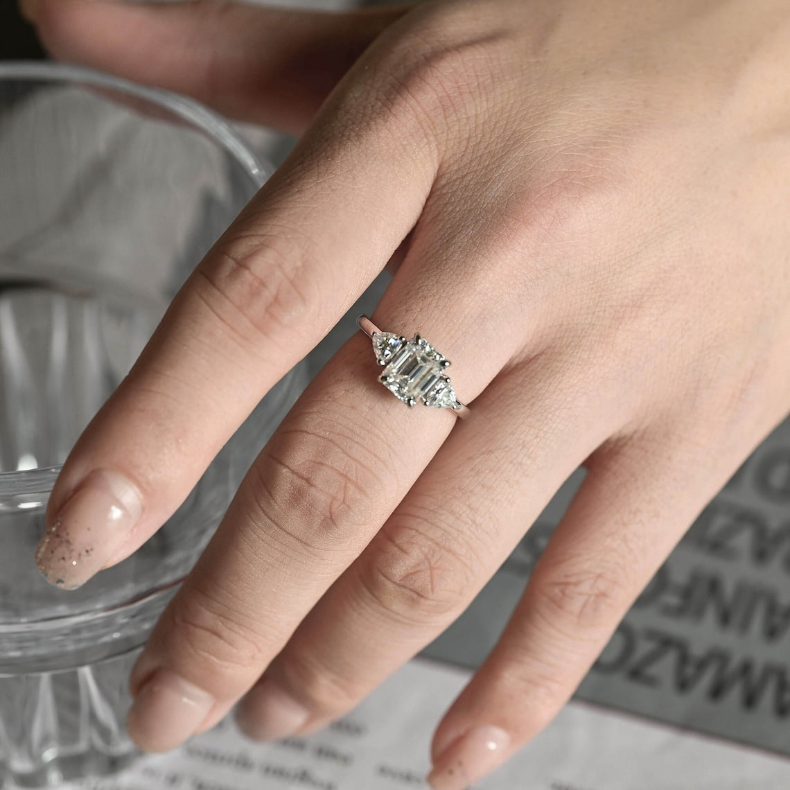 Stunning 3.0 CT Emerald Moissanite Engagement Ring with 3 Stones Design 10
