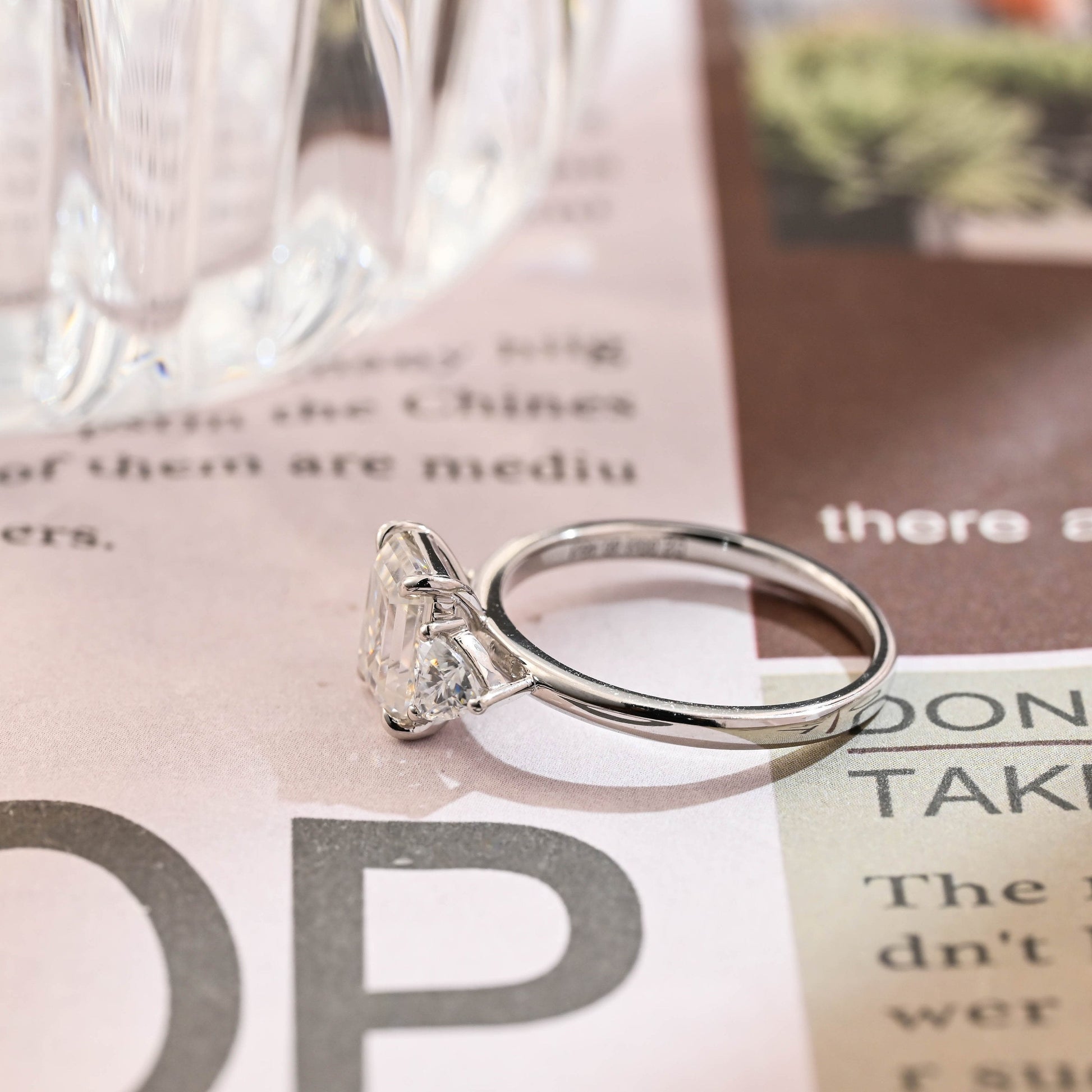 Stunning 3.0 CT Emerald Moissanite Engagement Ring with 3 Stones Design 6