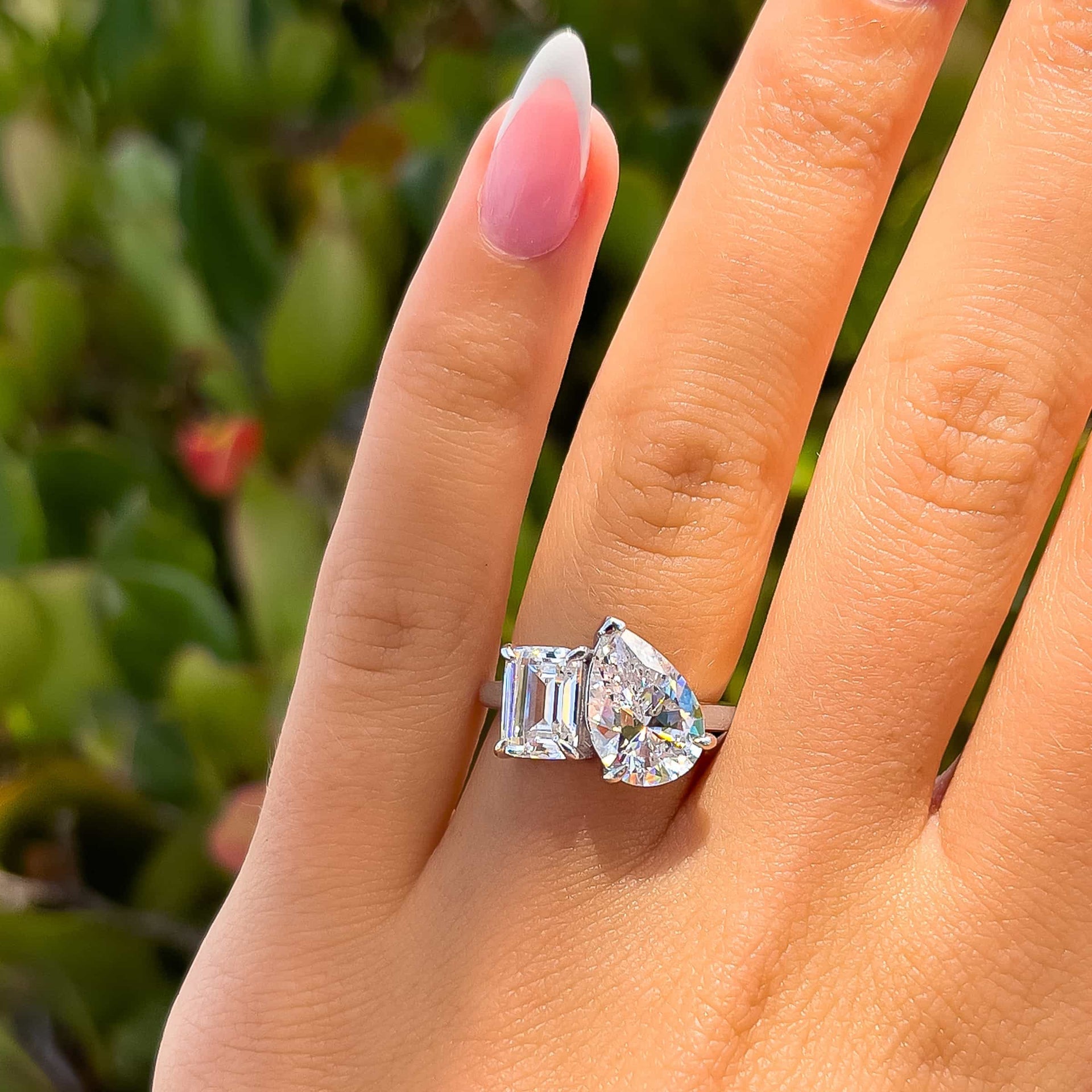 Stunning 1.75 & 4 CT Emerald & Pear Moissanite Engagement Ring with Two stones  Design 6