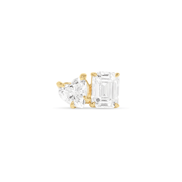 3.0 TCW Heart & Emerald Cut Moissanite Two Stone Stud Earrings in Gold 9