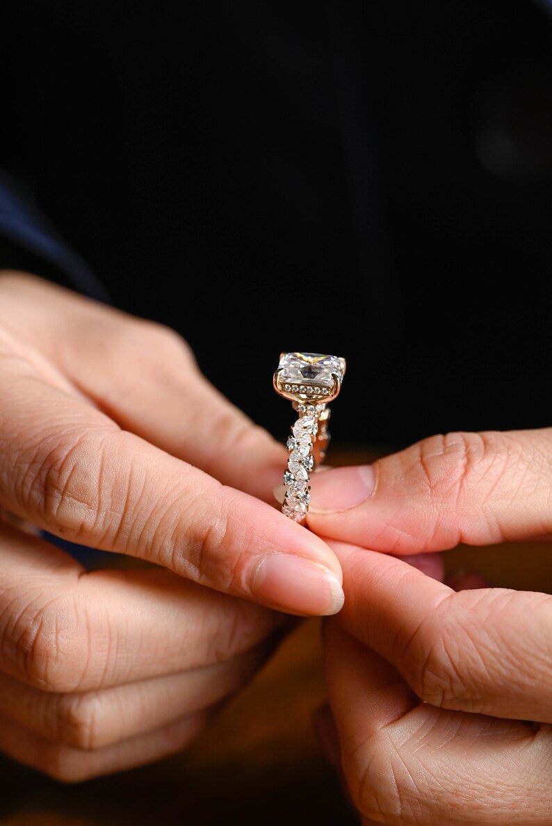 Stunning 1.0 - 2.0 CT Radiant Moissanite Engagement Ring with Pave & Hidden Halo Design 2