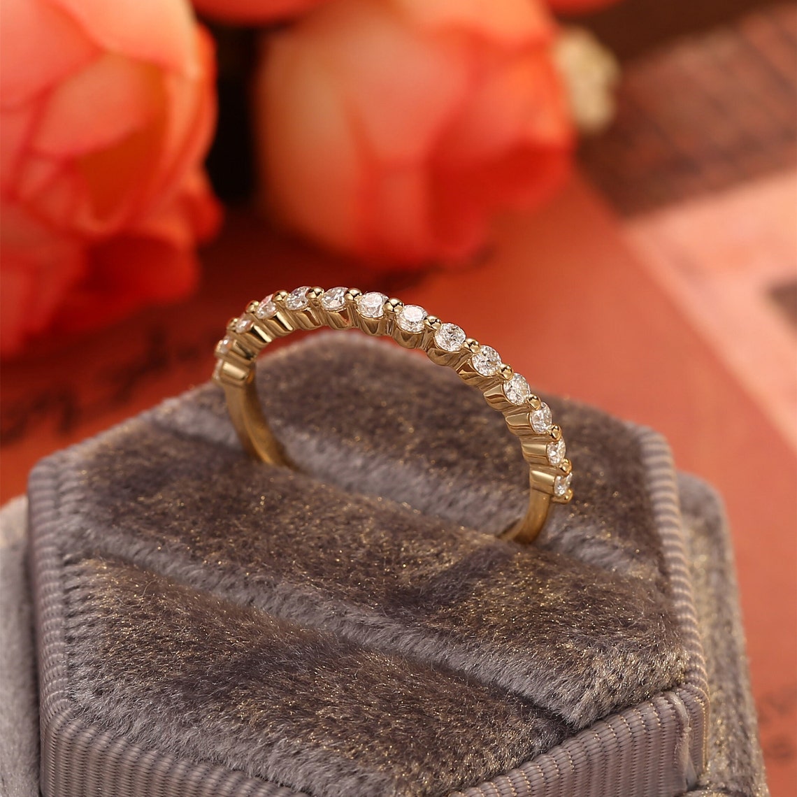 0.3 TCW Round Cut Moissanite Bridal Wedding Band With Half Eternity Style 4