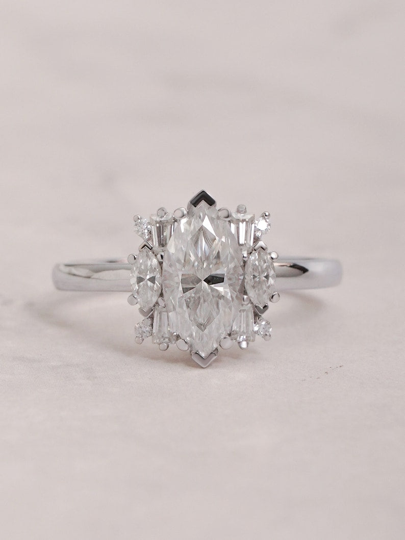 Stunning 1.0 - 2.0 CT Marquise Moissanite Engagement Ring with Cluster Design 1