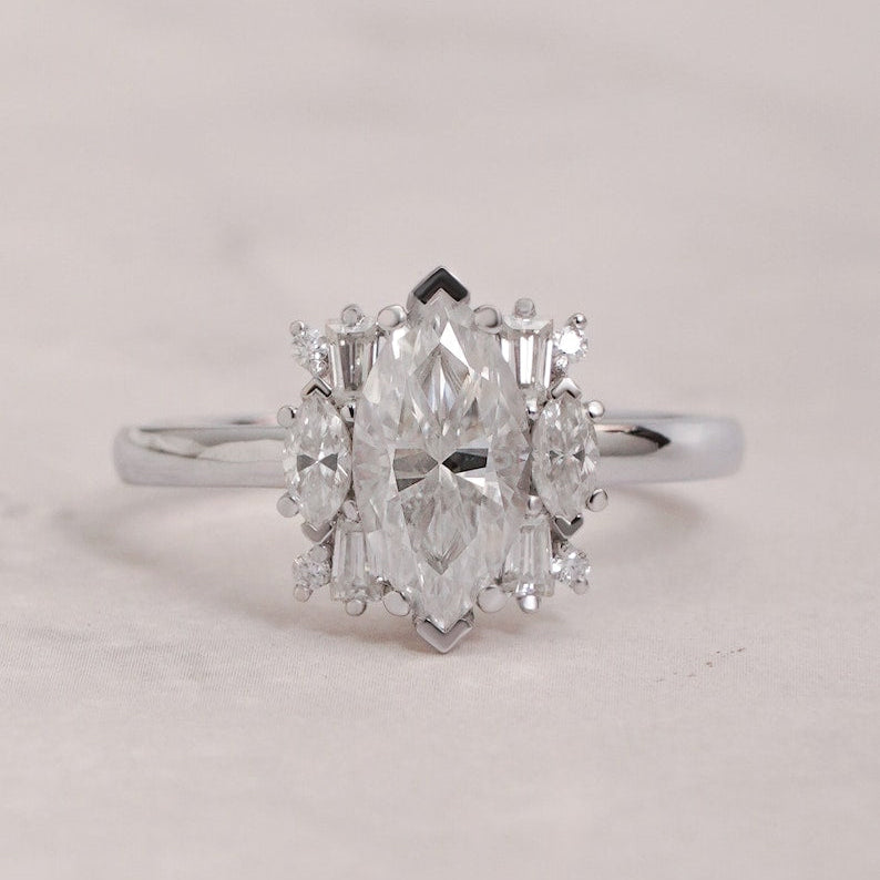 Stunning 1.0 - 2.0 CT Marquise Moissanite Engagement Ring with Cluster Design 1