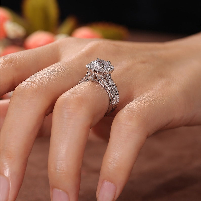 Stunning 3.0 CT Round Moissanite Engagement Ring with Triple Shank Pave Design 5