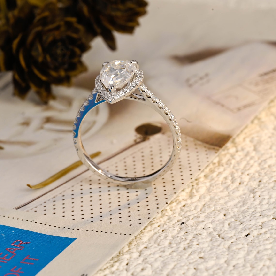 Stunning 1.0 CT Pear Moissanite Engagement Ring with Halo & Pave Design 3