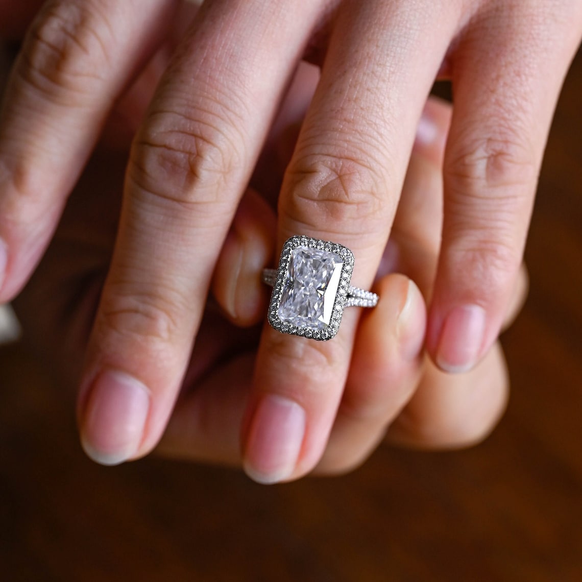 5.0 CT Radiant Shaped Moissanite Engagement Ring With Halo Split Shank Pave Accents 9