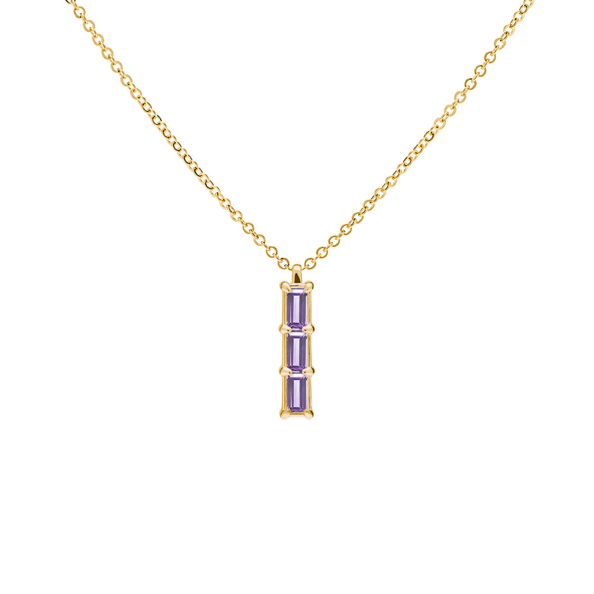 0.42 TCW Baguette Amethyst Lab Made Diamond- February Birthstone Three Stone Necklace 1