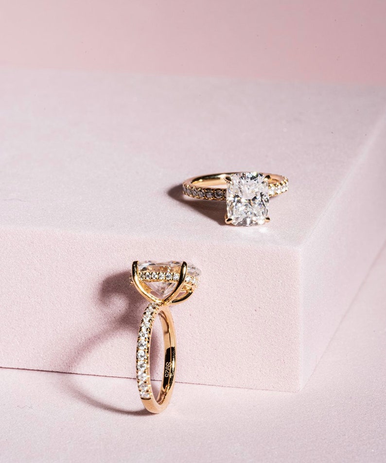Classic 3.0 CT Cushion Moissanite Engagement Ring with Hidden Halo & Pave Design 9