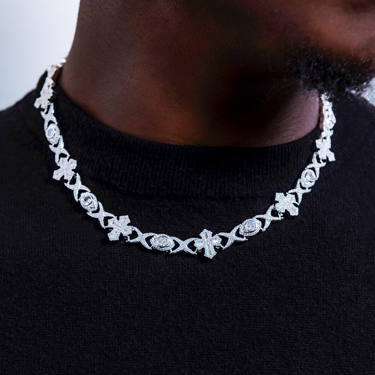 45 CT Baguette & Round Moissanite Diamond Cross Evil Eye Silver Necklace For Him 1