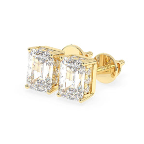 2.0 TCW Emerald Cut Moissanite Hidden Halo Stud Earrings in Gold