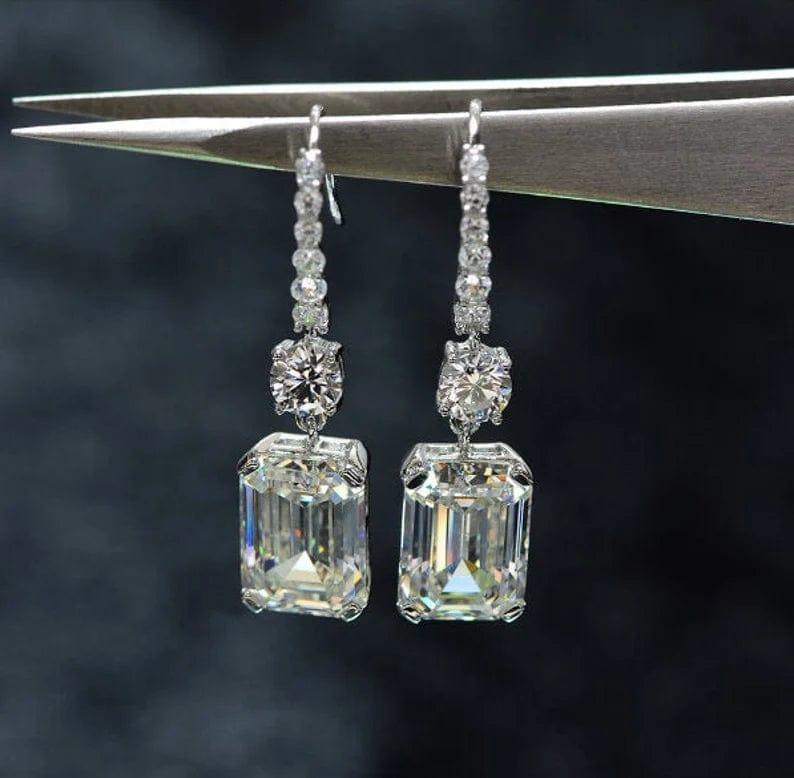 5 TCW Emerald Cut Multi Stone Drop Moissanite Earrings