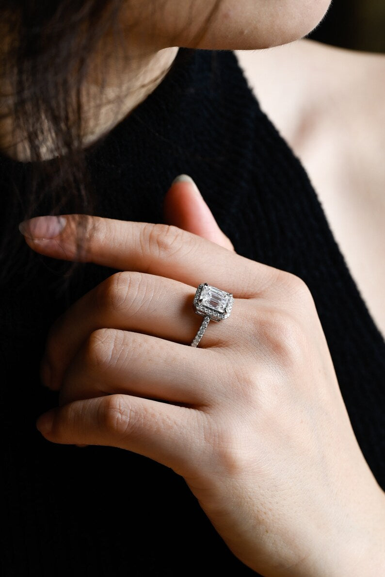 Stunning 1.0 - 2.0 CT Emerald Moissanite Engagement Ring with Pave and Halo Design 6