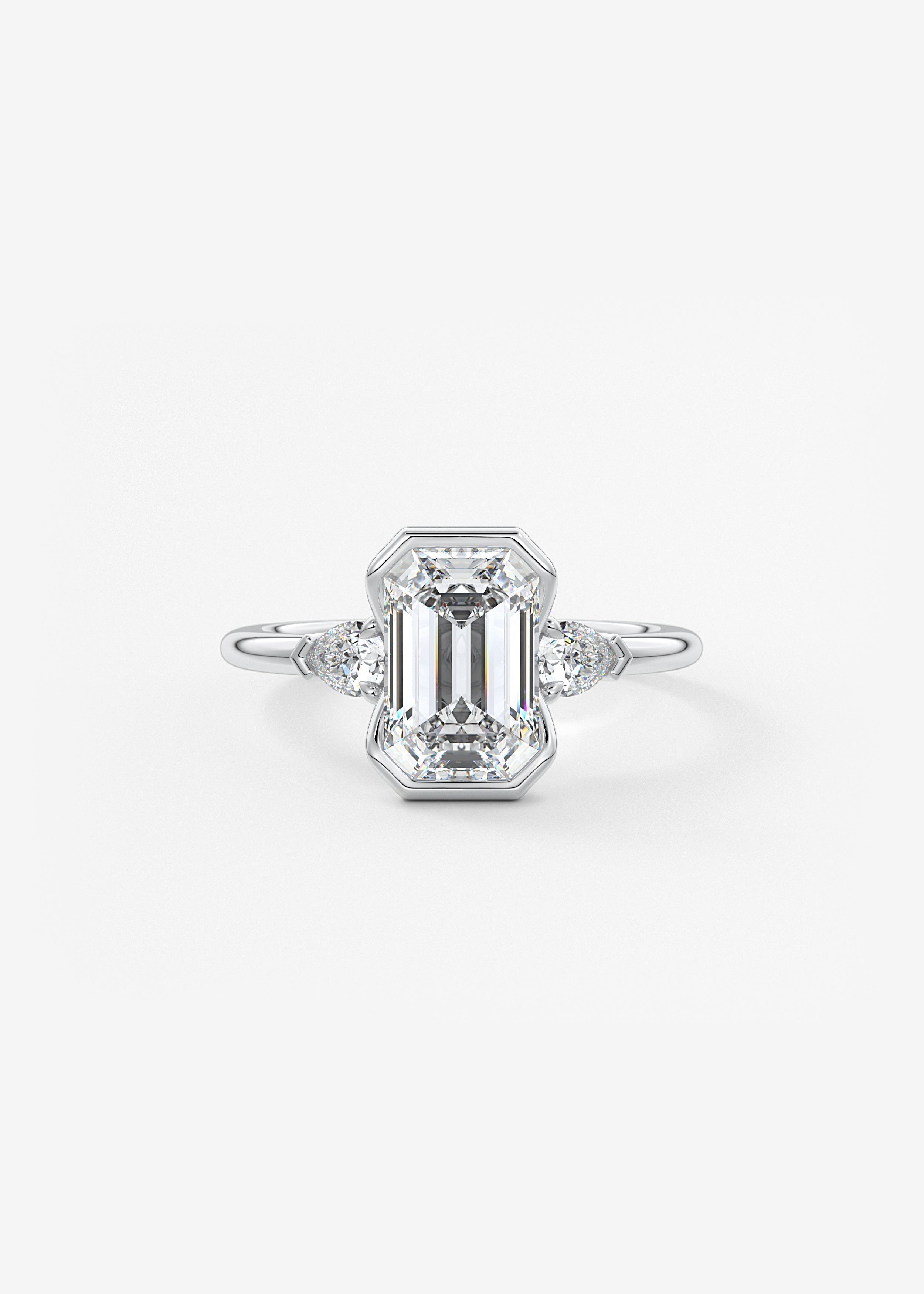 Emerald Three Stone Bezel Lab Grown Diamond Engagement Ring