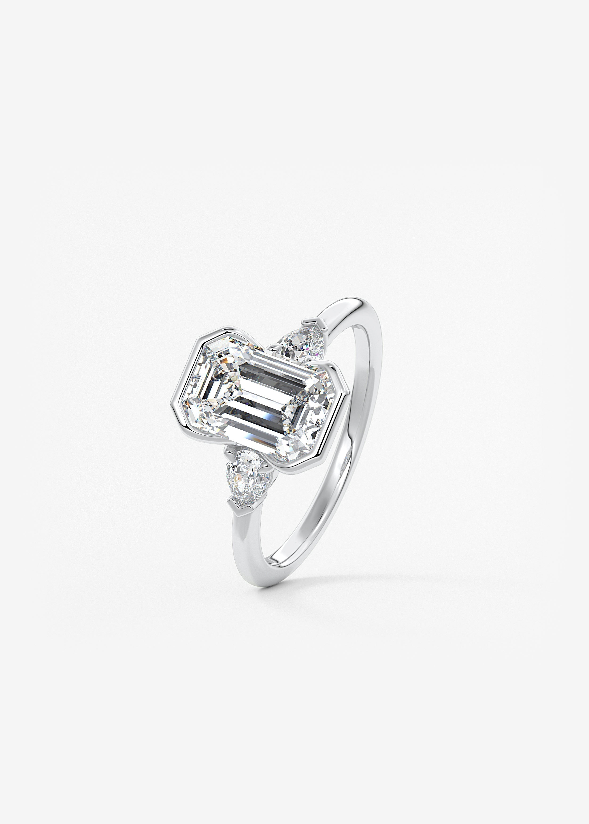 Emerald Three Stone Bezel Lab Grown Diamond Engagement Ring