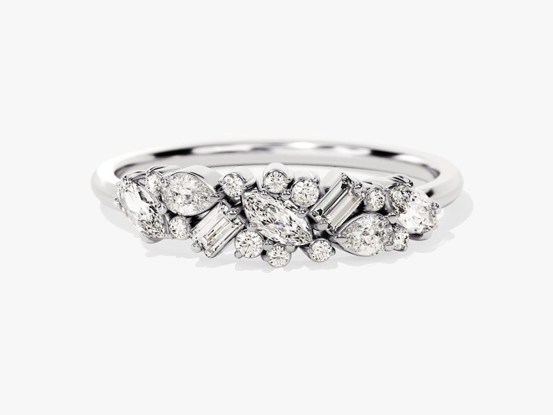 Stunning 0.72 CT Round, Marquise & Baguette Moissanite Stones Cluster Wedding Band 3