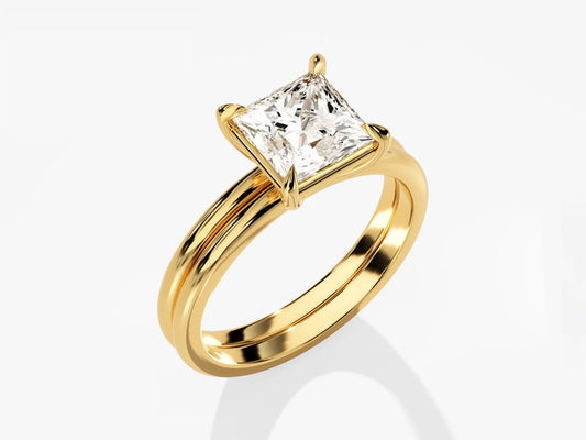 1.50 CT Princess Cut Moissanite Solitaire Bridal Ring Set with Plain Wedding Bands 2
