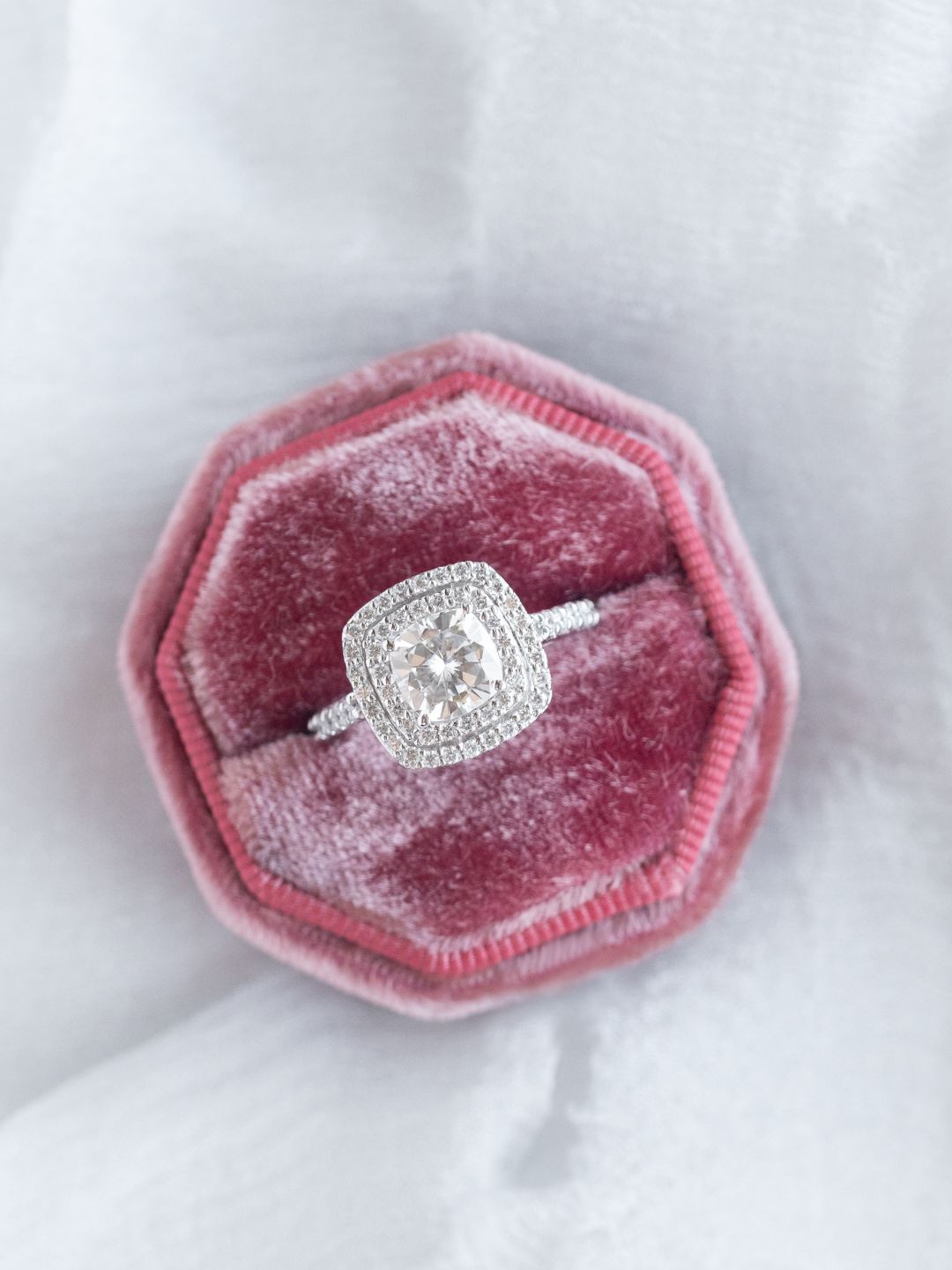 Stunning 1.0 CT Cushion Moissanite Engagement Ring with Double Halo and Pave Design 10