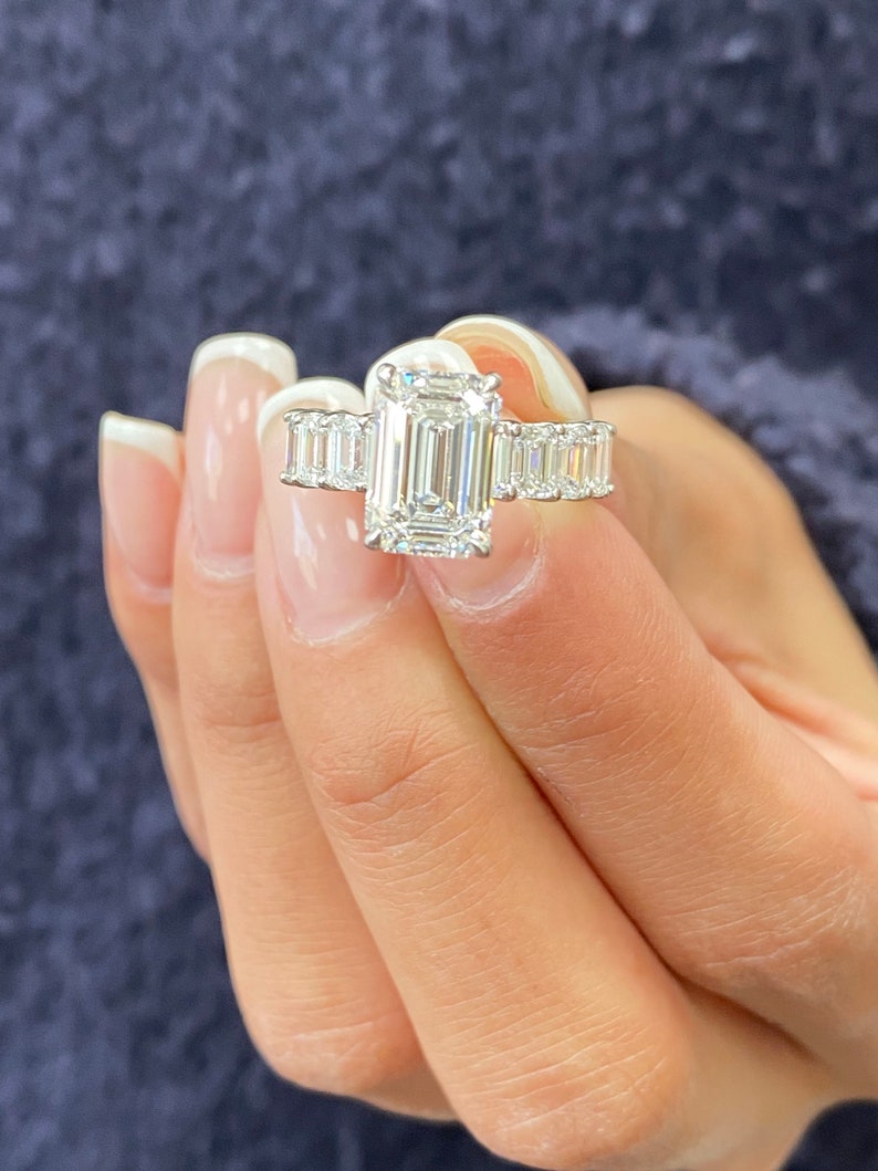 Stunning 2.0 CT Emerald Cut Moissanite Engagement Ring with Pave Design 1
