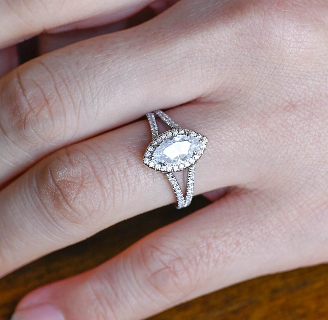 Stunning 1.0 CT Marquise Cut Moissanite Engagement Ring with Halo Split Shank Pave Design 8