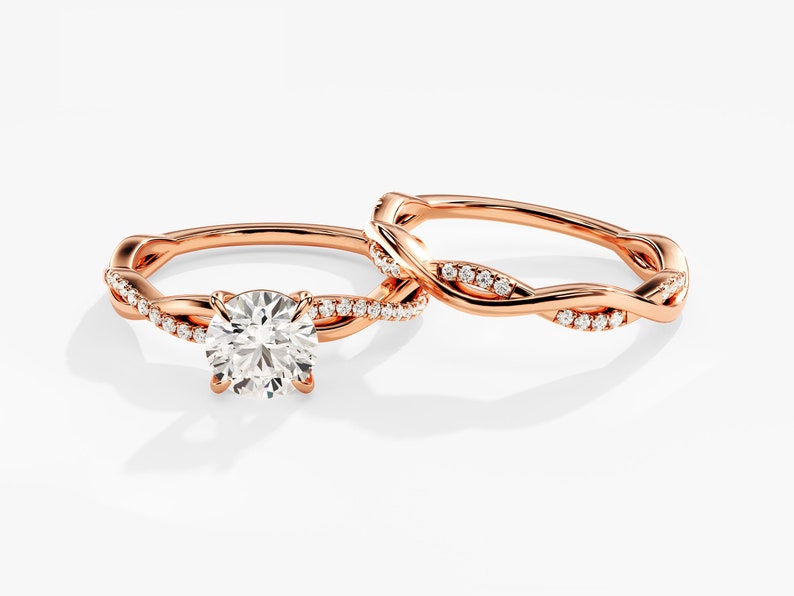 1.0 CT Round Cut Moissanite Twisted Pave Bridal Ring Set with Twisted Wedding Bands 2