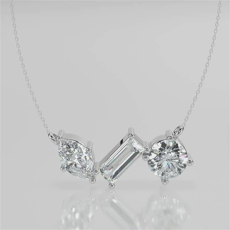 0.70 TCW Round, Marquise & Baguette Moissanite Diamond Three Stone Pendant Necklace in Solid Gold 1
