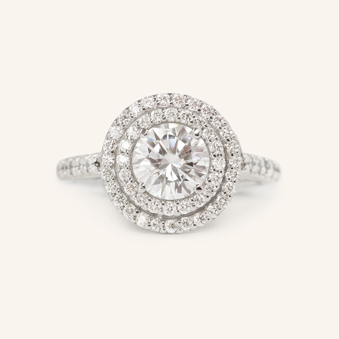 Stunning 1.0 CT Round Moissanite Engagement Ring with Double Halo & Pave Design 2