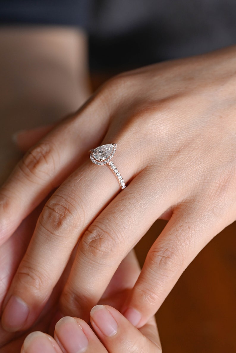 Stunning 1.0 - 2.0 CT Pear Moissanite Engagement Ring with Pave & Halo Design 6