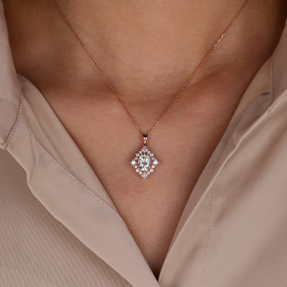 1.50 CT Oval Moissanite Diamond Cluster Pendant Necklace in Solid Gold 3