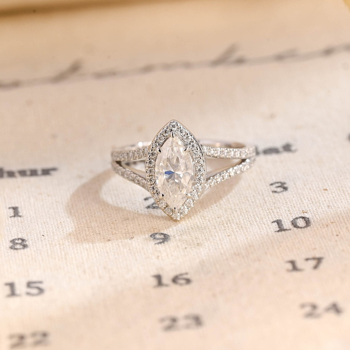 Stunning 1.0 CT Marquise Cut Moissanite Engagement Ring with Halo Split Shank Pave Design 1