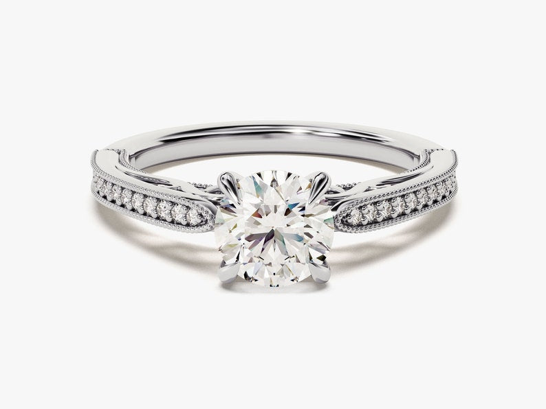 Stunning 1.0 CT Round Moissanite Engagement Ring with Milgrain Pave Design 4