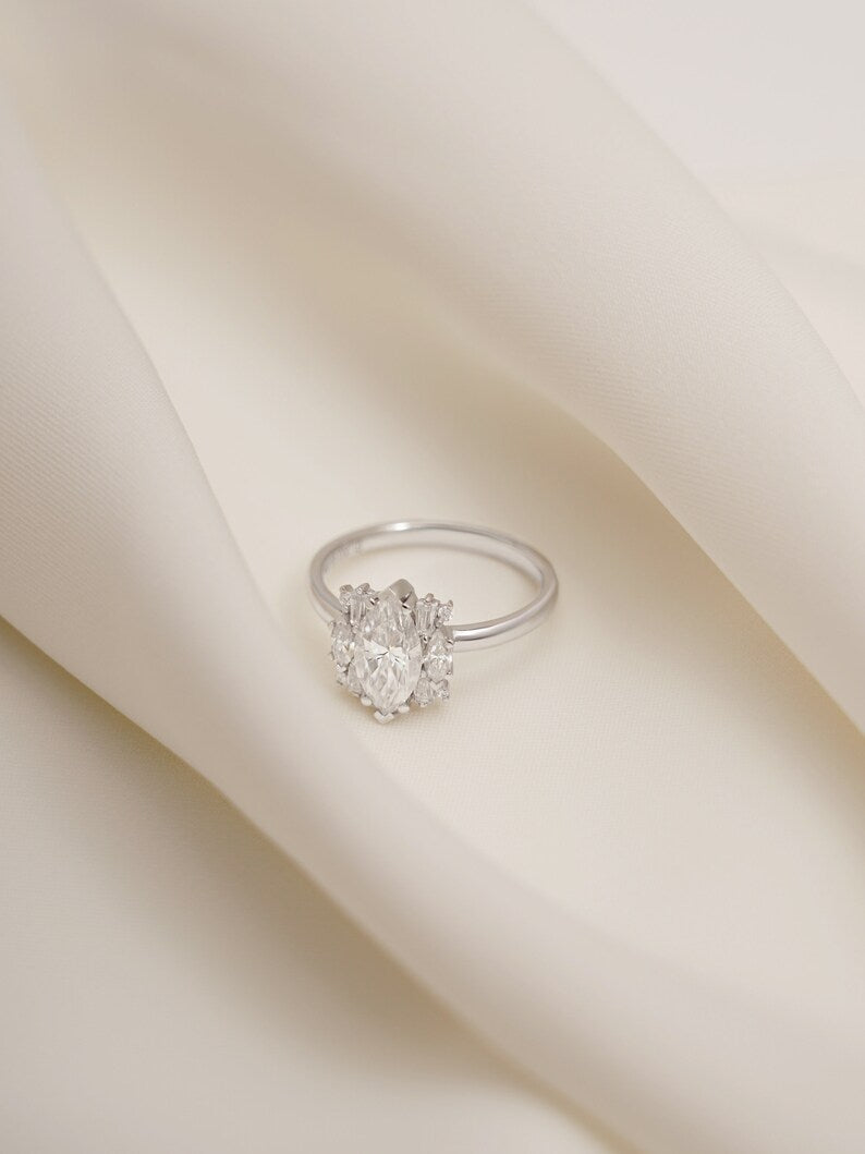 Stunning 1.0 - 2.0 CT Marquise Moissanite Engagement Ring with Cluster Design 4