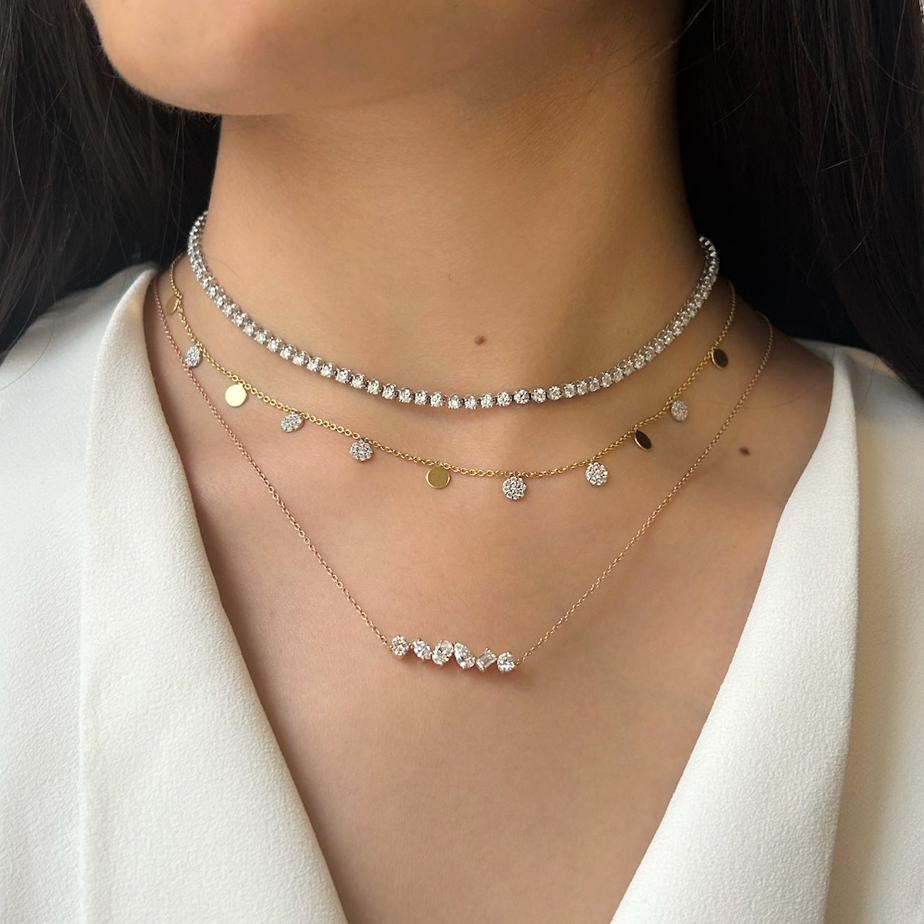 1.50 TCW Round, Emerald, Pear, Cushion & Oval Moissanite Diamond Multi Stone Necklace in Solid Gold 9