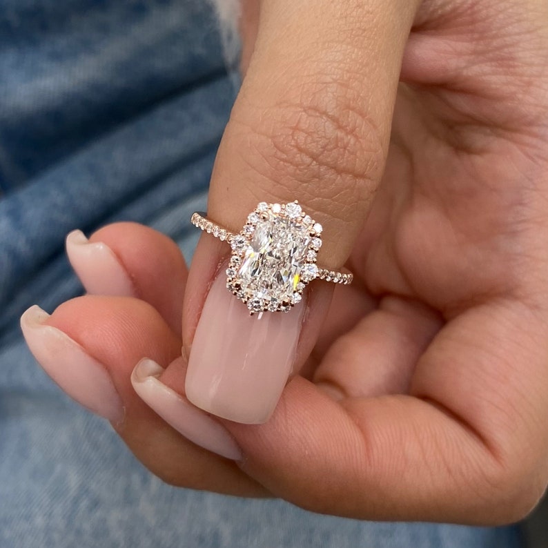 Stunning 1.50 CT Radiant Moissanite Engagement Ring with Cluster Halo & Pave Design 3