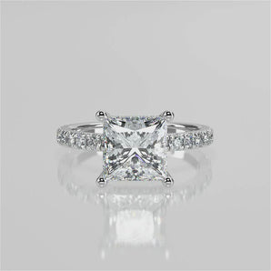 Stunning 1.70 T Princess Moissanite Engagement Ring with Hidden Halo & Pave Design