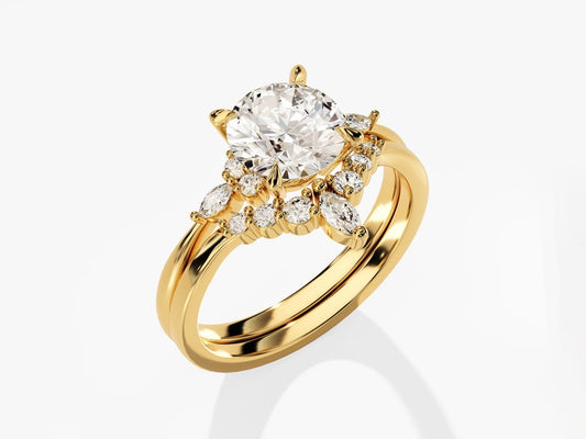 1.50 CT Round Cut Moissanite Cluster Bridal Ring Set with Round & Marquise Curved Wedding Bands 2